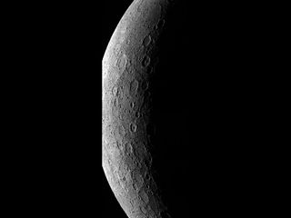 This mosaic was created by combining two images that were taken 96 seconds apart. The MESSENGER spacecraft has to be farther from the planet, in the southern portion of its orbit, to acquire these views. Mercury's cratered surface is highlighted dramatica