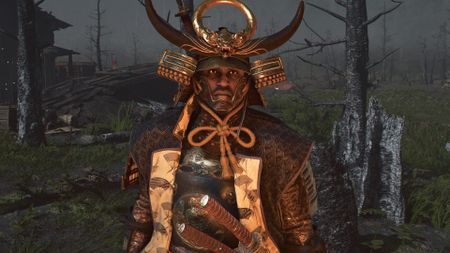 Assassin's Creed Shadows Twitch Drops - An upper-body shot of Yasuke standing in a battlefield at night, lit by a fire.