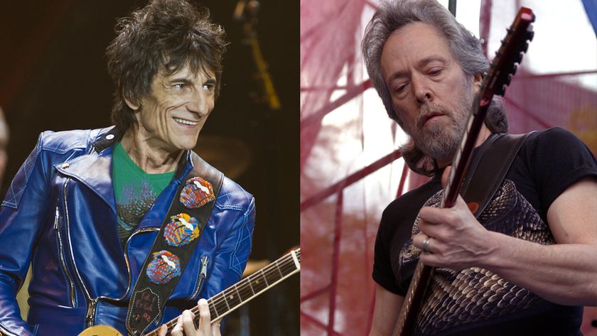 LEFT: Ronnie Wood performs with the Rolling Stones at Brisbane Entertainment Centre on November 18, 2014 in Brisbane, Australia. RIGHT: Harvey Mandel onstage at the Chicago Blues Festival, 2003