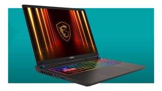 An MSI Vector 16 HX AI gaming laptop on a teal deals background