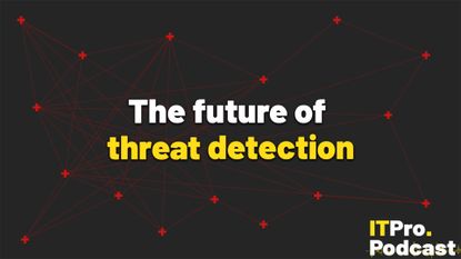 The text "The future of threat detection" against a web of connected, red crosses on a dark grey background. The word "threat detection" are in yellow, the rest are in white. In the bottom-right corner, the ITPro Podcast logo is shown.