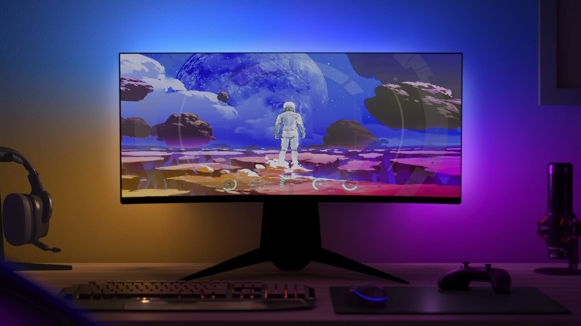 Philips Hue lighting producing ambient lighting on a gaming monitor.