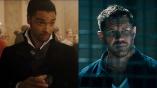 Regé-Jean Page in Bridgerton and Tom Hardy in Venom: Let There Be Carnage, pictured side by side.
