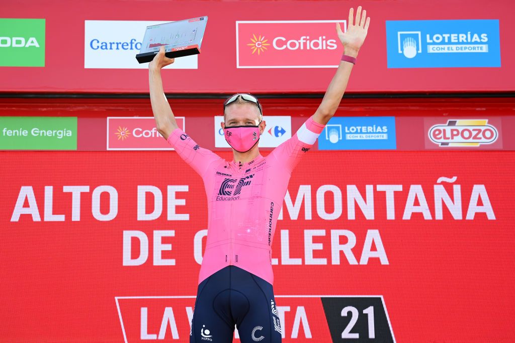 ALTO DE LA MONTAA DE CULLERA SPAIN AUGUST 19 Magnus Cort Nielsen of Denmark and Team EF Education Nippo celebrates at podium as stage winner during the 76th Tour of Spain 2021 Stage 6 a 1583km stage from Requena to Alto de la Montaa de Cullera 184m lavuelta LaVuelta21 on August 19 2021 in Alto de la Montaa de Cullera Spain Photo by Stuart FranklinGetty Images