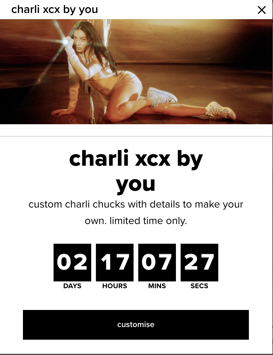 Charli xcx Converse timer with the time labelled before they time out
