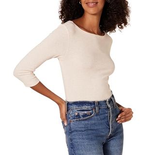 Amazon Essentials Women's Slim-Fit 3/4 Sleeve Solid Boat Neck T-Shirt, Oatmeal Heather, Medium