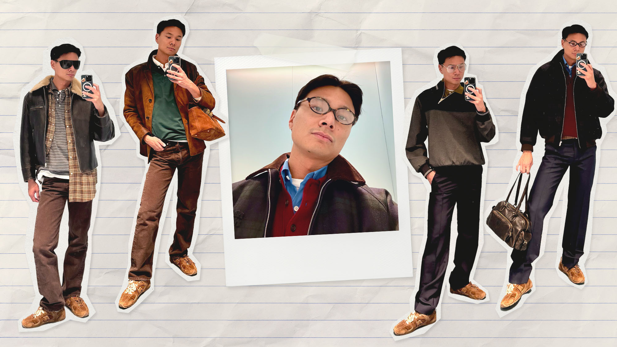 Collage of Joseph Tang wearing the best Miu Miu–inspired outfits for men.