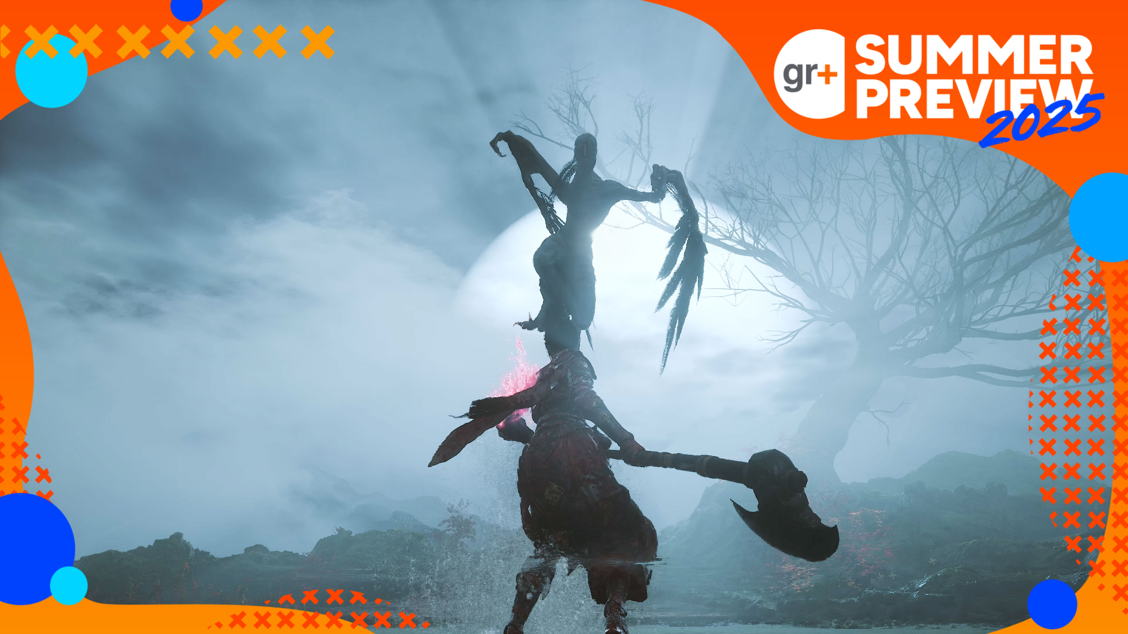 A monster in Wuchang Fallen Feathers pounces on the main character against a giant moon and misty sky