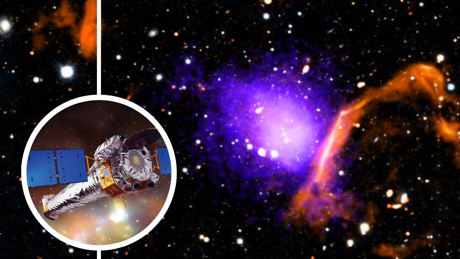The galactic cluster PLCK G287.0+32.9 which the Chandra X-ray telescope (inset) has discovered is surrounded by a cocoon 20 million light years wide!