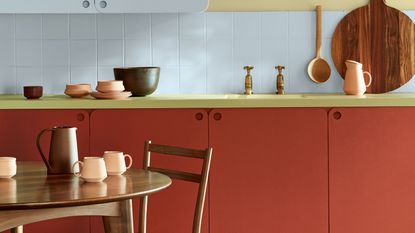 kitchen with colour blocking in paprika, blue and yellow