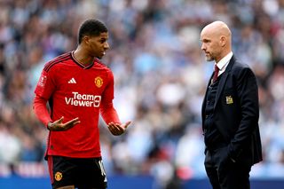 Marcus Rashford and Erik ten Hag during Manchester United's FA Cup semi-final against Coventry City at Wembley in April 2024.