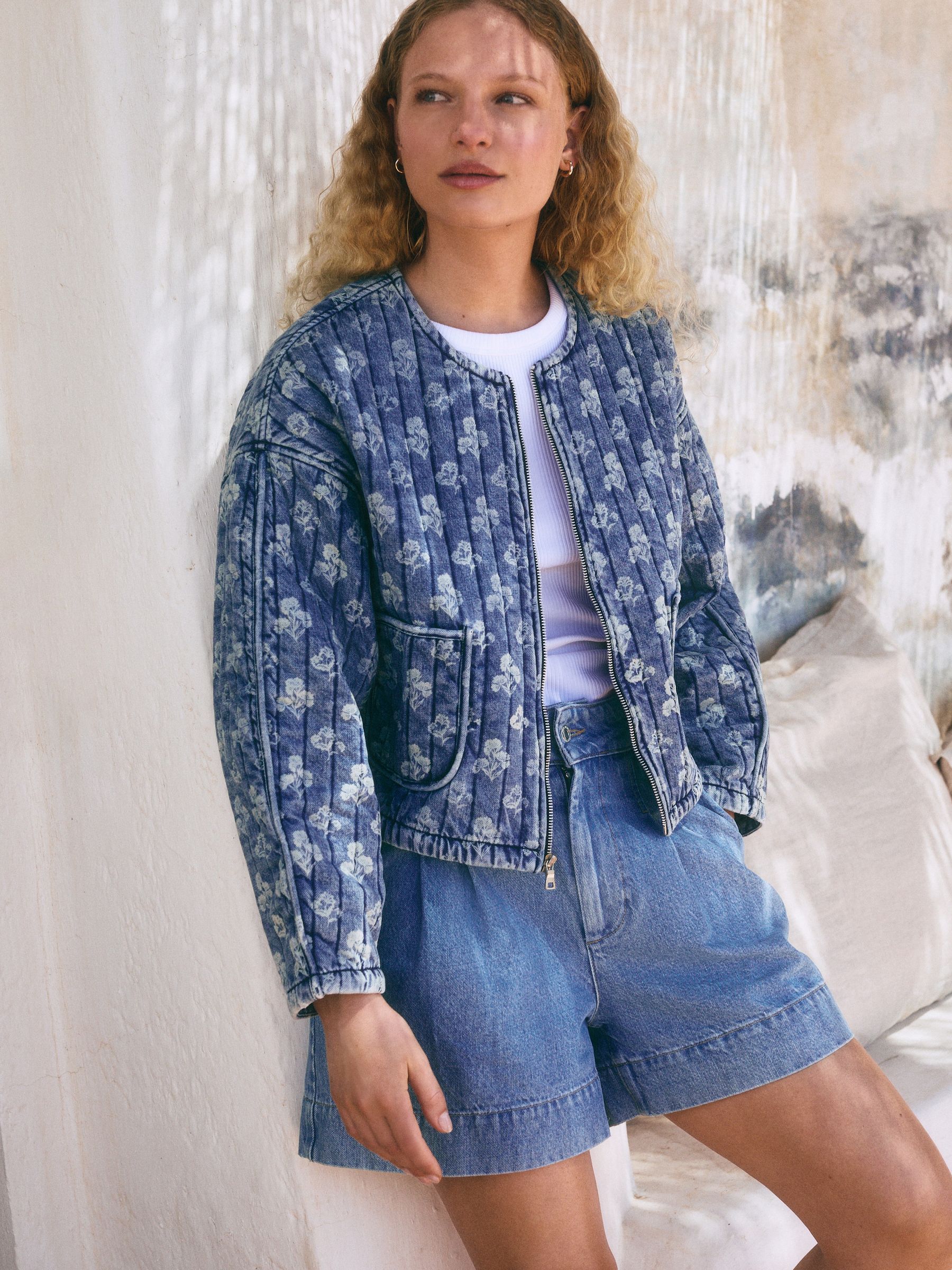 Blue Quilted Floral Print Denim Jacket