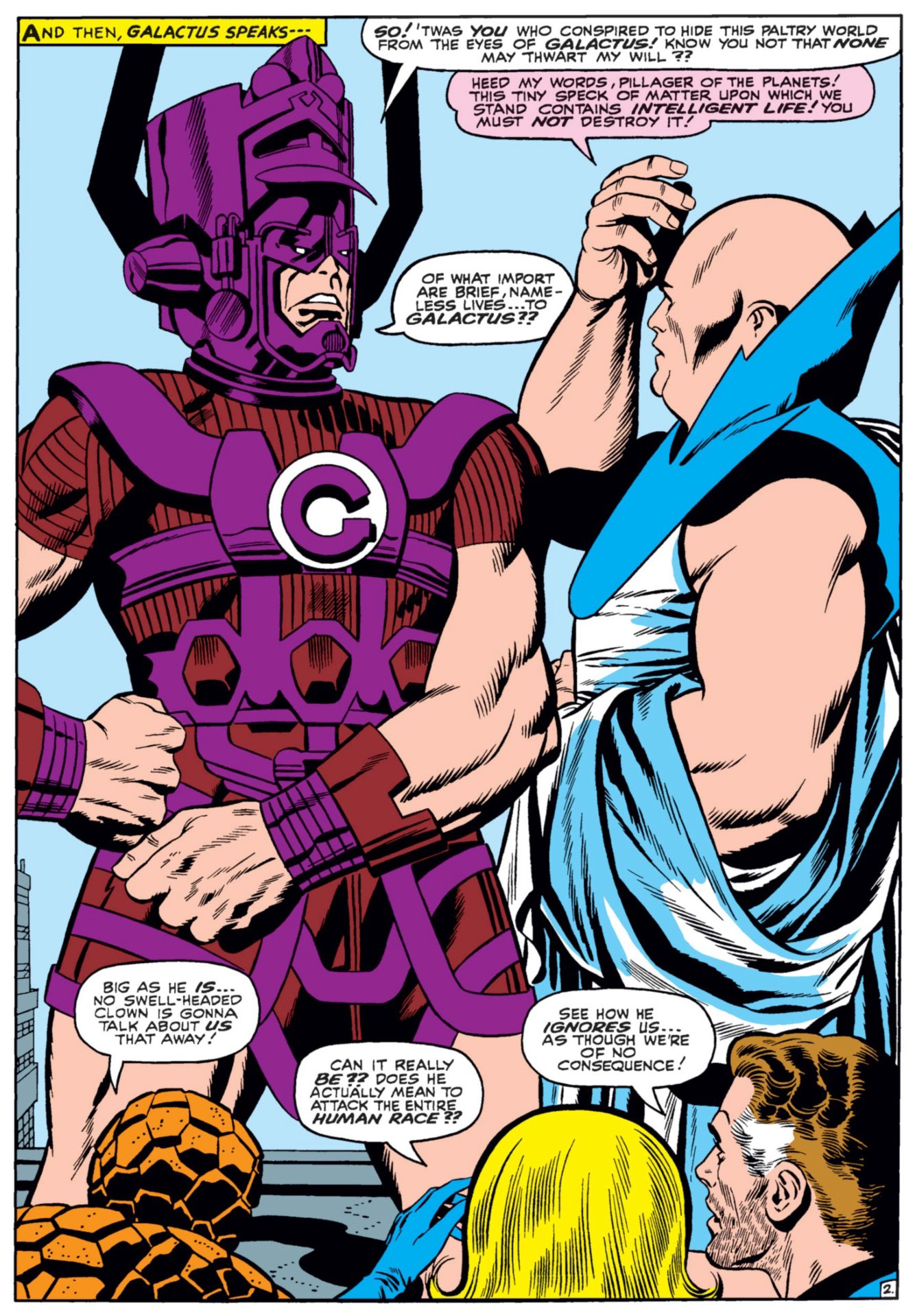 Galactus confronts The Watcher as the Fantastic Four look on