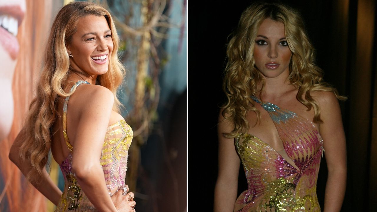 a collage of Blake Lively and Britney Spears wearing the same archival versace dress from 2002