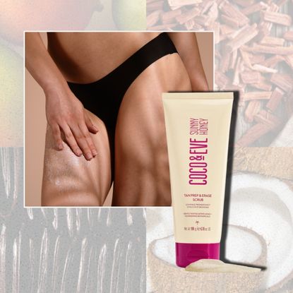 a background of mango, vanilla, sandalwood, coconut with a picture of someones legs and a body scrub