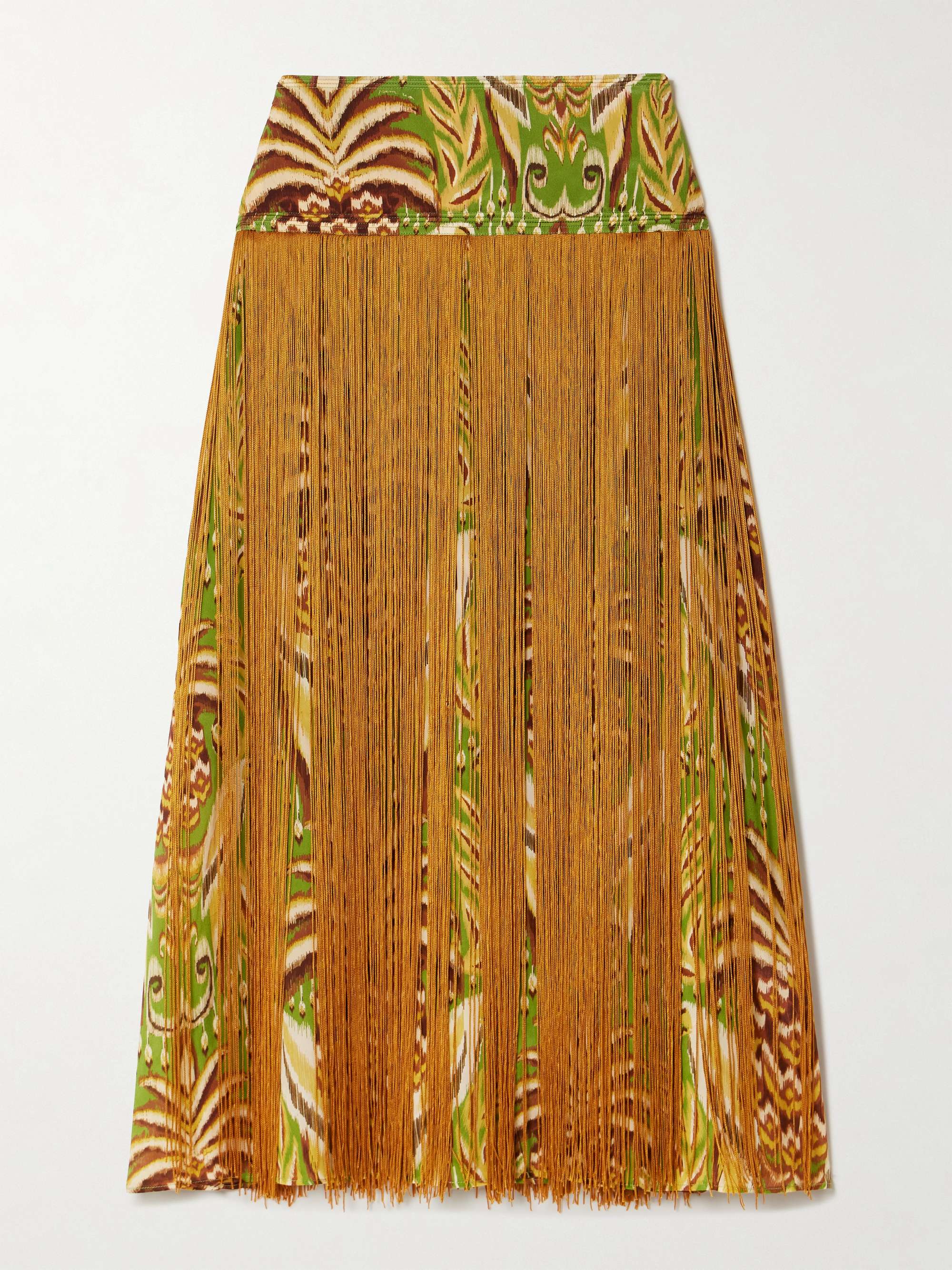 Fringed Printed Satin Midi Skirt