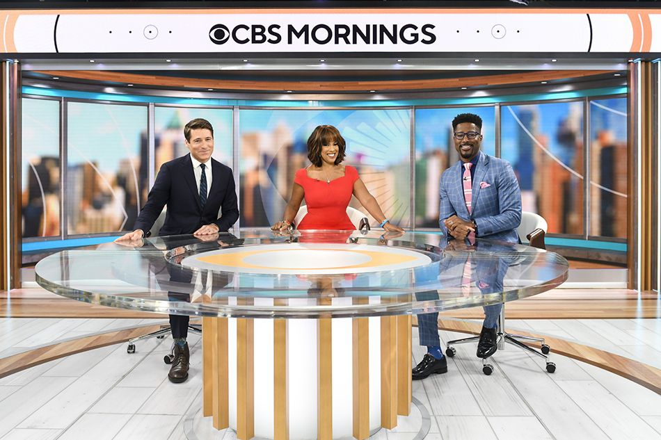 (From l.): Hosts Tony Dokoupil, Gayle King and Nate Burleson in the new CBS Mornings studio.