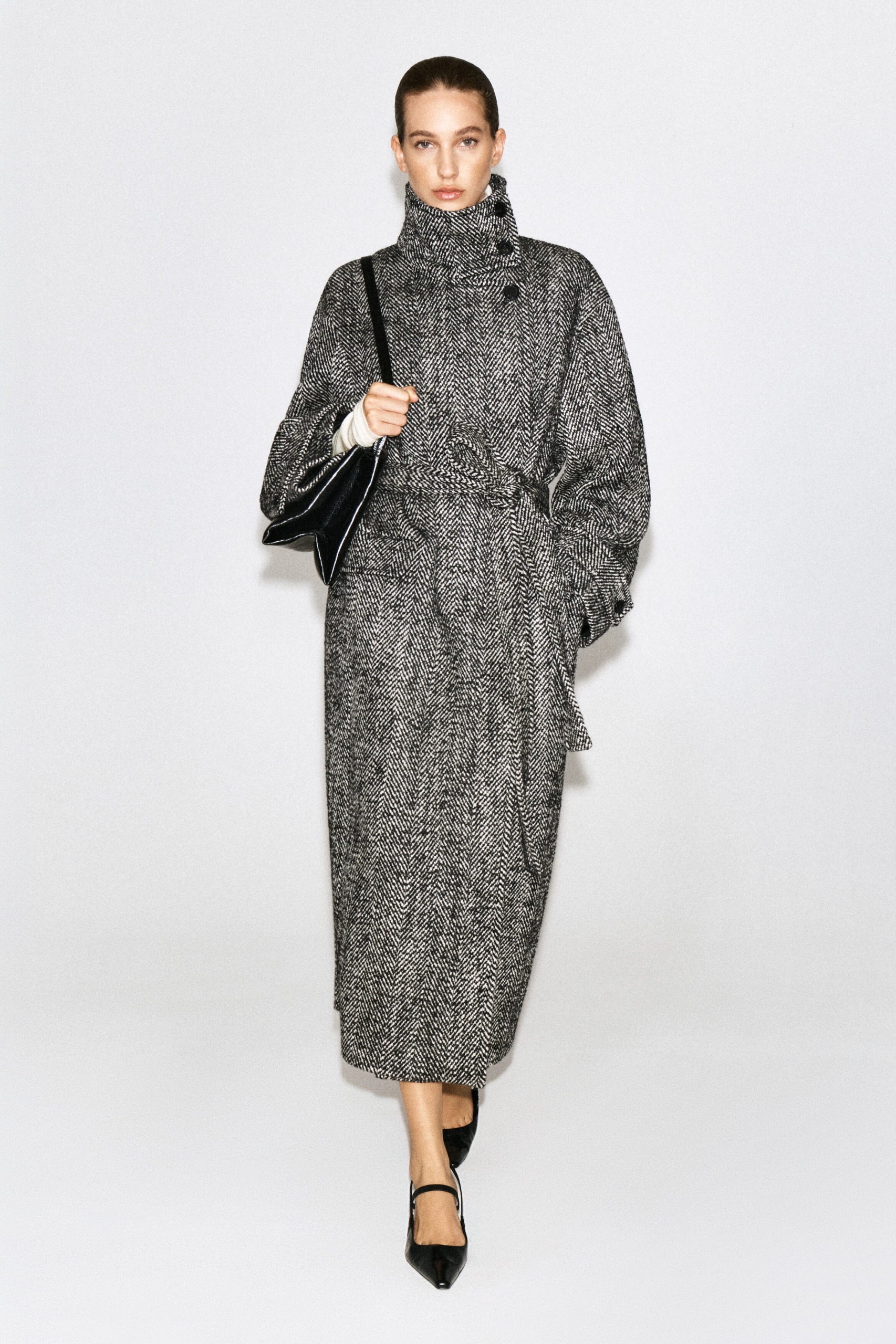 Belted Herringbone Wool Mock-Neck Coat