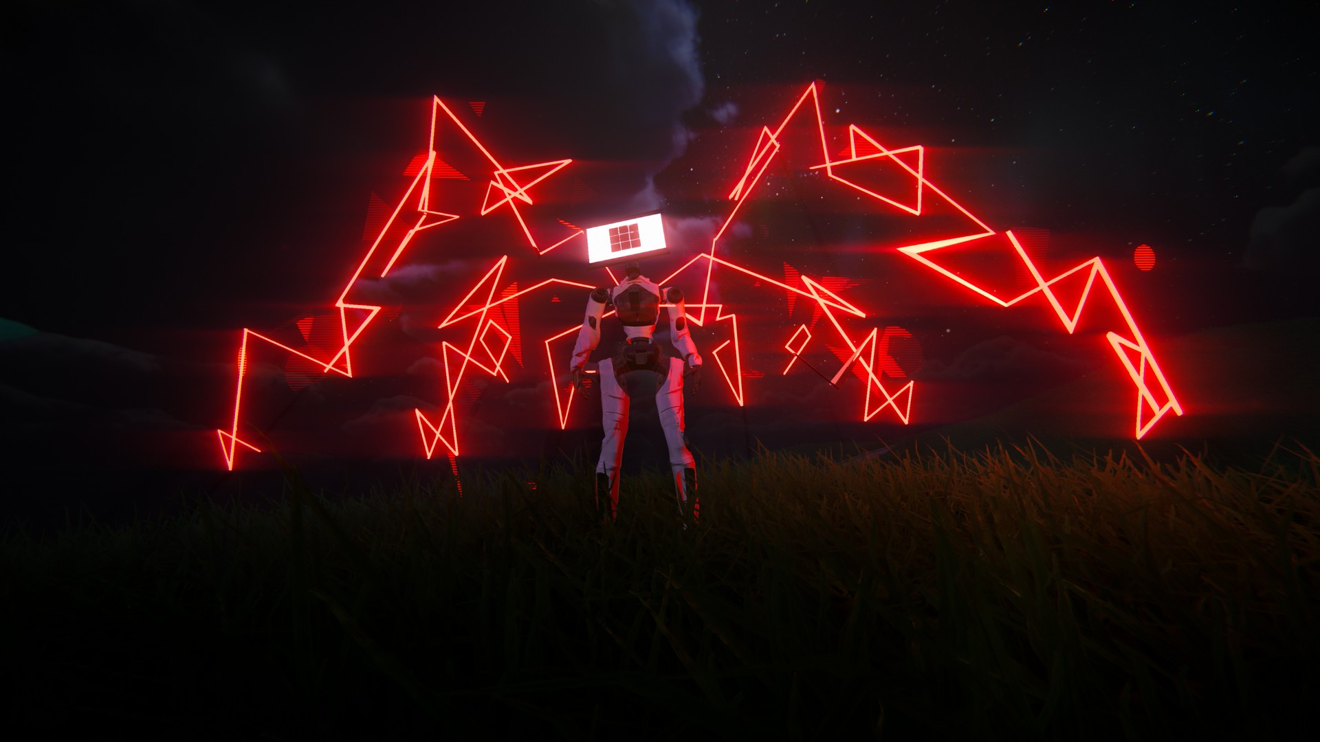 A robotic body with a screen head has red lines jutting out of its back in Prove You're Human