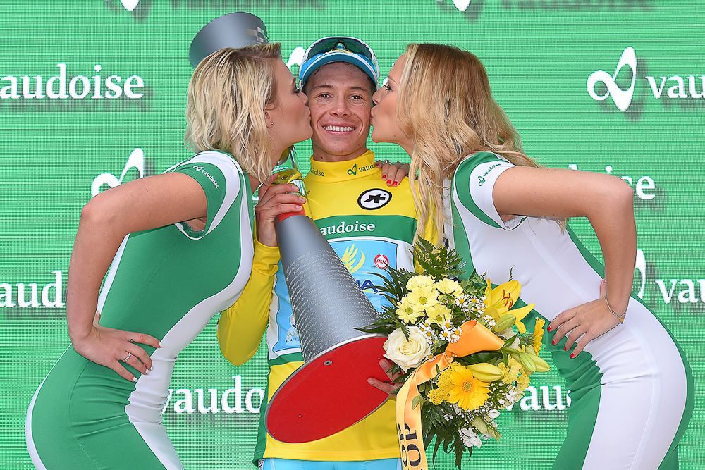 Miguel Angel Lopez (Astana Pro Team) in yellow on the final podium at Tour de Suisse