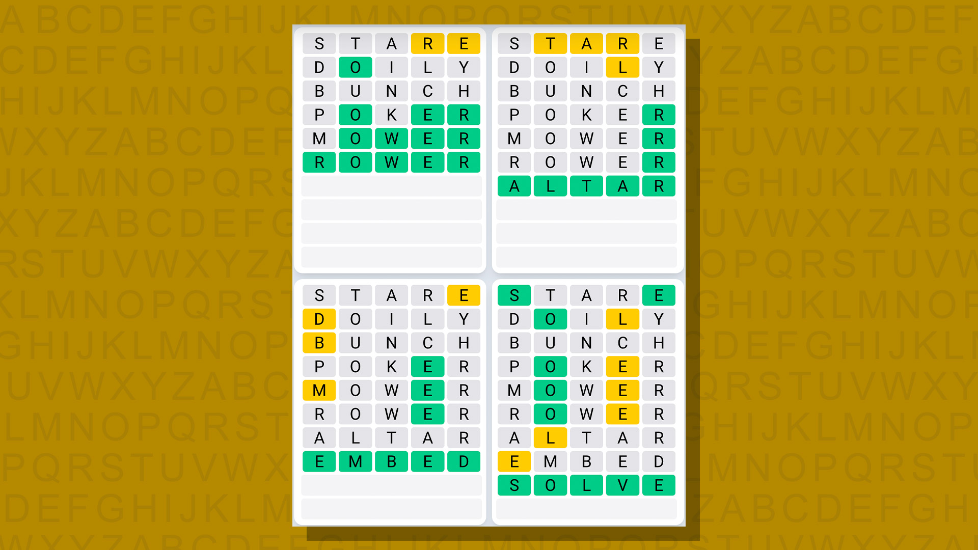 Quordle daily sequence answers for game 698 on yellow background