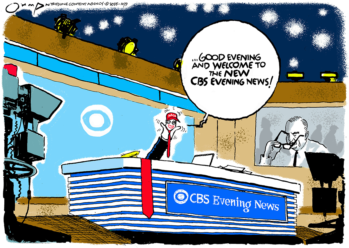 This political cartoon is set in the CBS Evening News studio. There&amp;rsquo;s a puppet hosting the news and Donald Trump&amp;rsquo;s head of hair is just visible behind the desk with his arm in the puppet. The puppet wears a MAGA hat and says, &amp;ldquo;Good evening and welcome to the NEW CBS evening news!&amp;rdquo; An image of Walter Cronkite is at the rear of the studio. He removes his glasses and is shedding a tear.