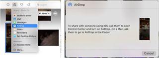 To transfer images from the Photos app to another Mac, click on the Share Sheet icon, then choose AirDrop. Confirm the transfer on the other Mac.
