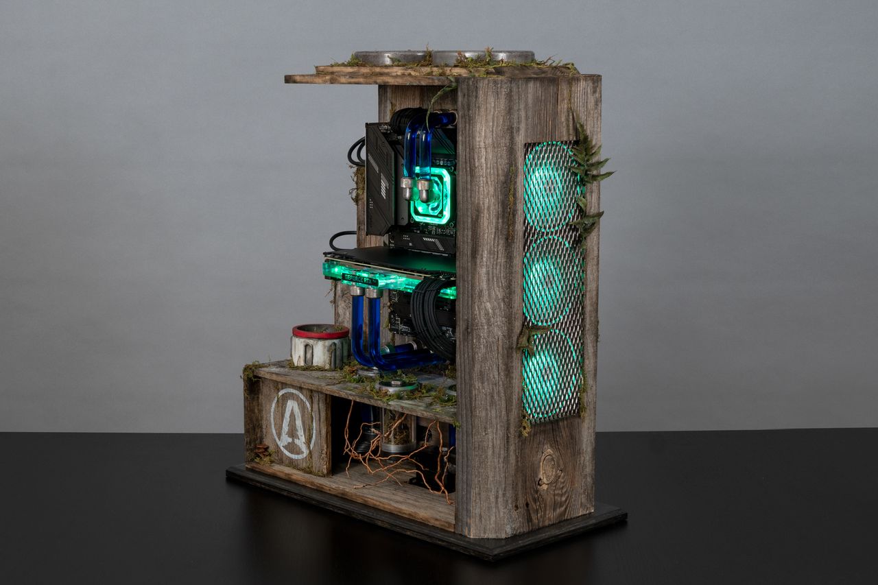 The Terra Nil custom gaming PC three quarter view.