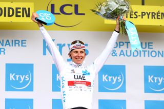LUZ ARDIDEN FRANCE JULY 15 Tadej Pogaar of Slovenia and UAETeam Emirates White Best Young Rider Jersey celebrates at podium during the 108th Tour de France 2021 Stage 18 a 1297km stage from Pau to Luz Ardiden 1715m LeTour TDF2021 on July 15 2021 in Luz Ardiden France Photo by Michael SteeleGetty Images