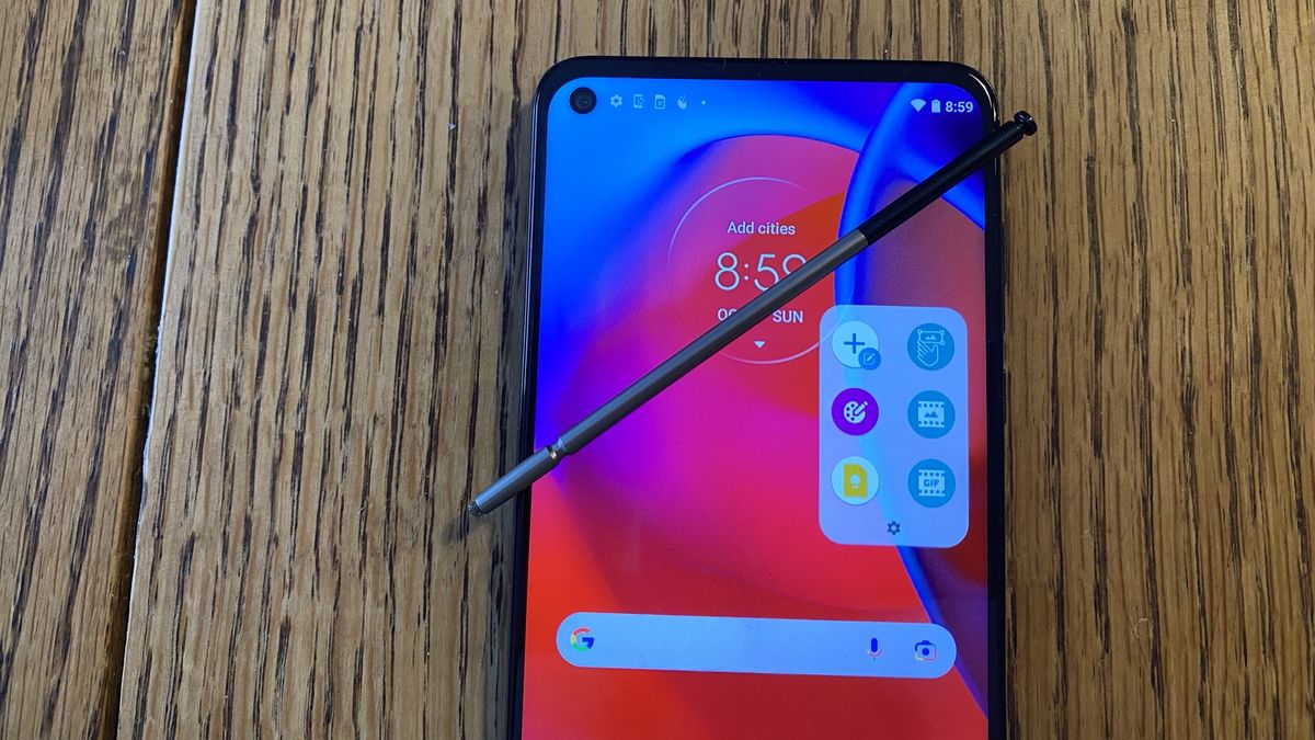 Moto 5 Stylus 5G with stylus and menu