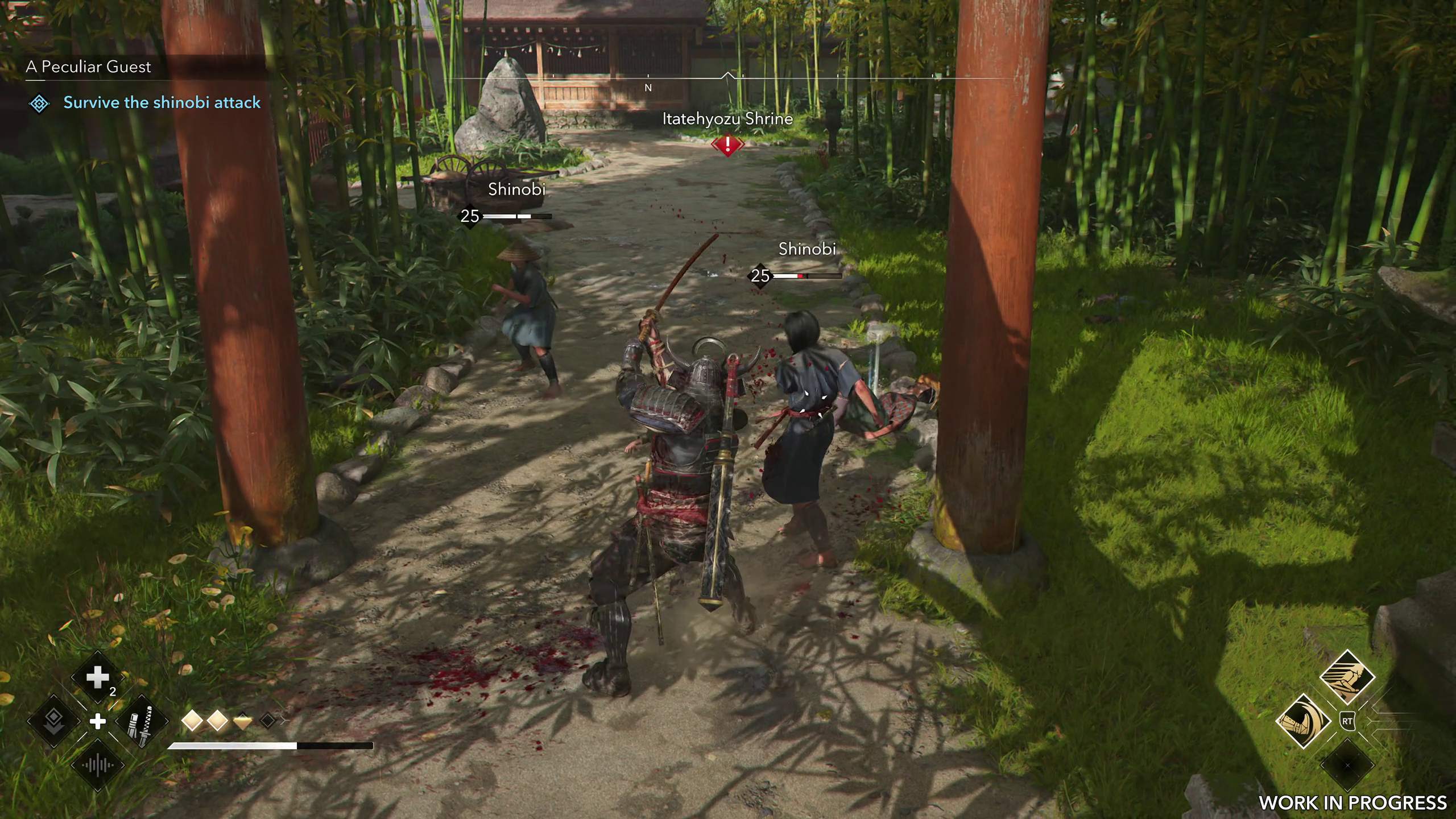 Yasuke fights enemy shinobi among bamboo in Assassin's Creed Shadows