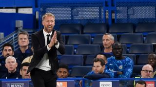 Chelsea head coach Graham Potter gestures on the touchline during Chelsea 1-1 Red Bull Salzburg in the Champions League on 14 September, 2022 at Stamford Bridge, London, United Kingdom