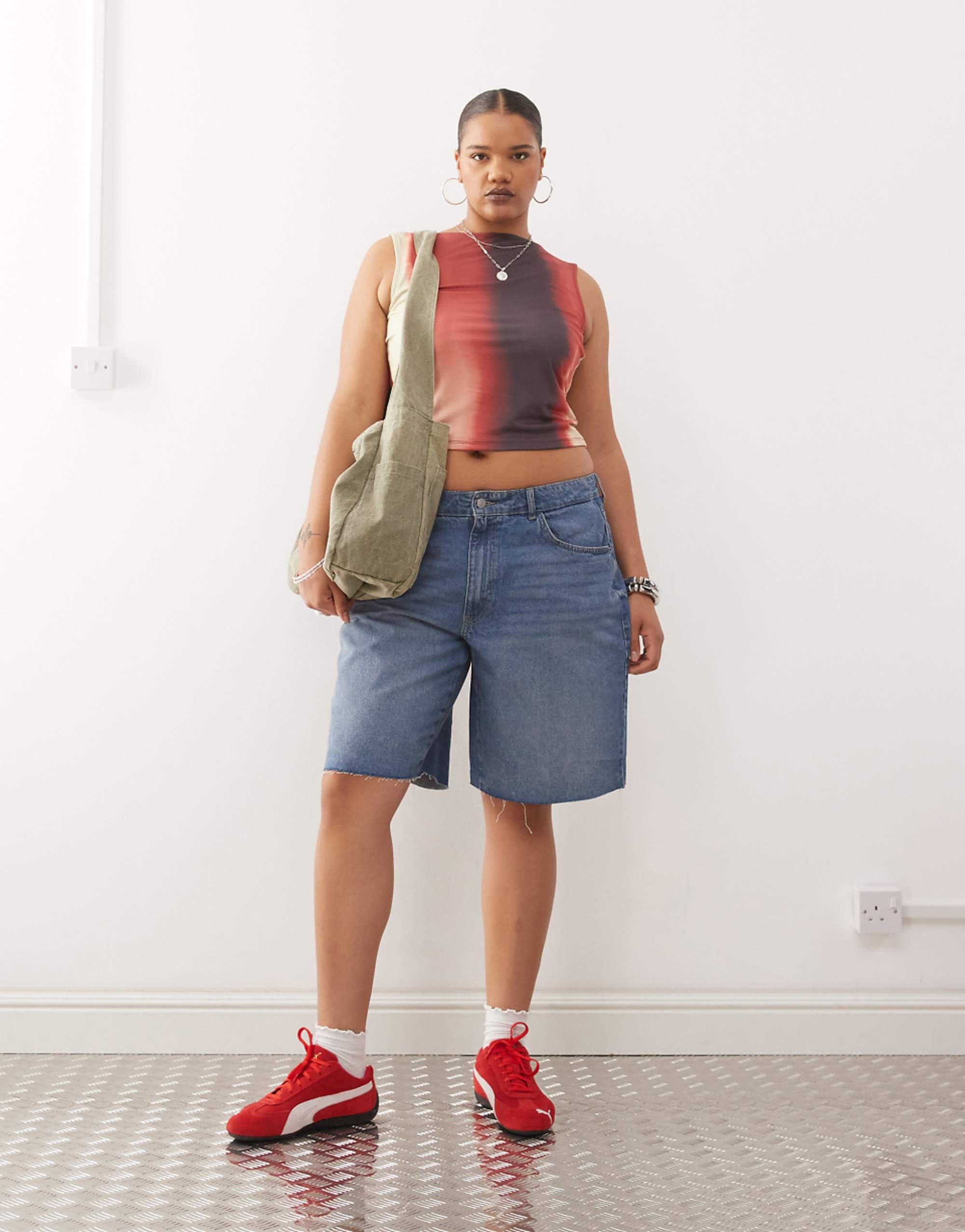 Noisy May Curve High Waist Bermuda Denim Short in Mid Wash Blue