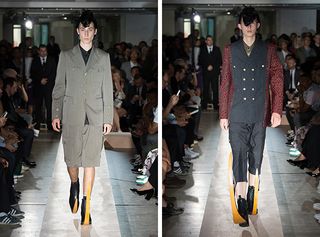 Males models walking the runway wearing green, striped and red patterned suits from the Comme des Garcons Homme SS2015 Collection