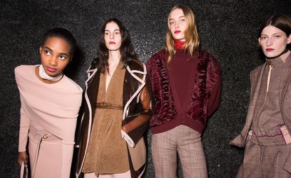 Pink cashmere dress, camel dress and maroon jumper, featured on models walking in Agnona A/W 2018