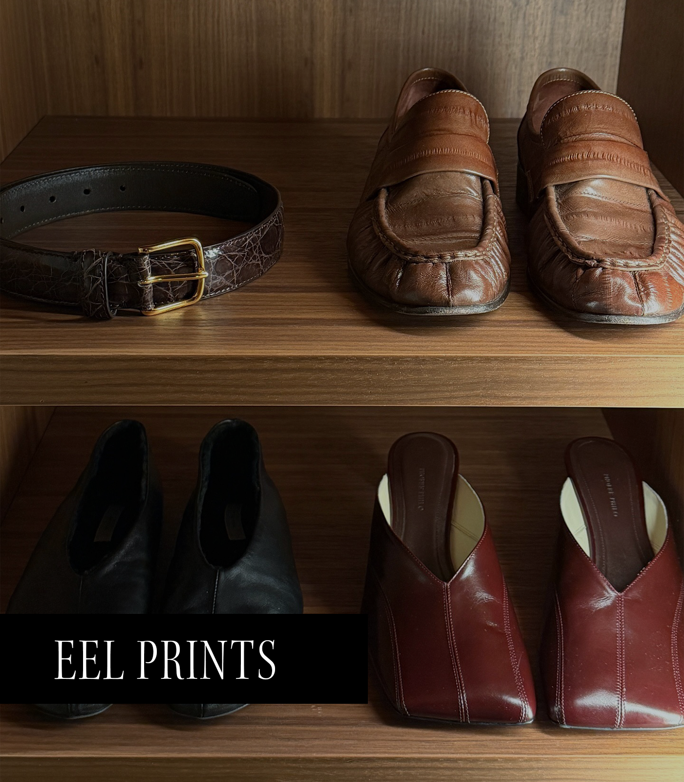 A photo of Annabel Rosendahl's shoes, including eel-print loafers, one of the top 2026 micro trends.