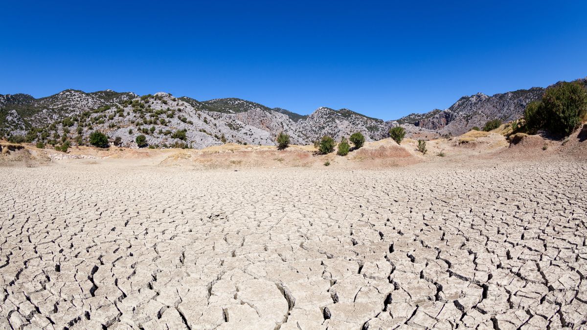 An arid landscape with a blue sky