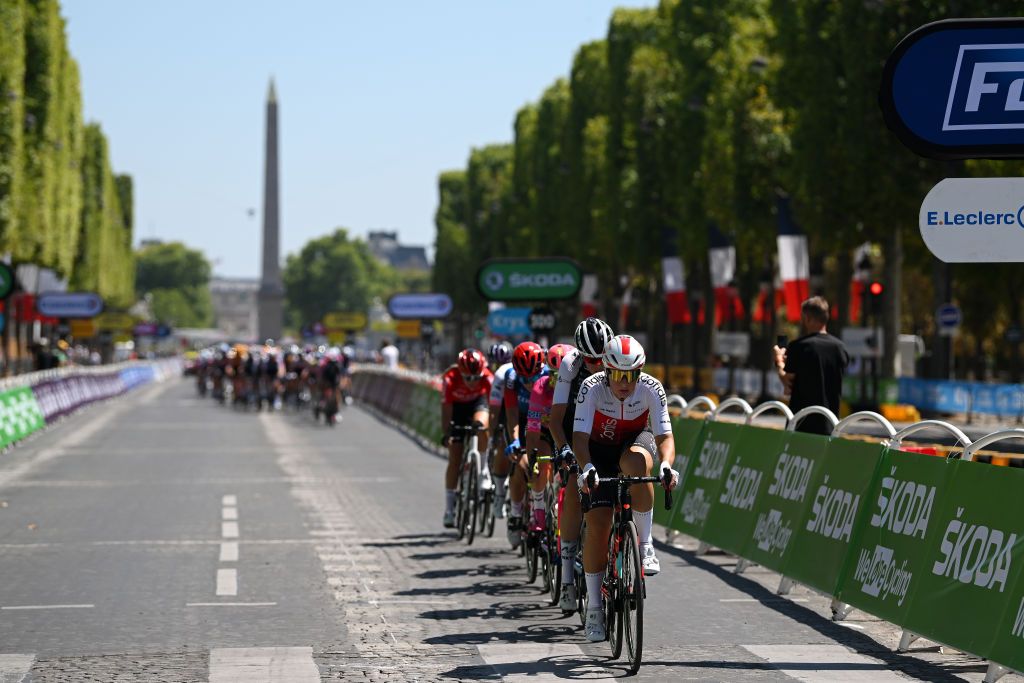 PARIS FRANCE JULY 24 Martina Alzini of Italy and Team Cofidis Fminin leads the breakaway during the 1st Tour de France Femmes 2022 Stage 1 a 817km stage from Paris Tour Eiffel to Paris Champslyses TDFF UCIWWT on July 24 2022 in Paris France Photo by Dario BelingheriGetty Images