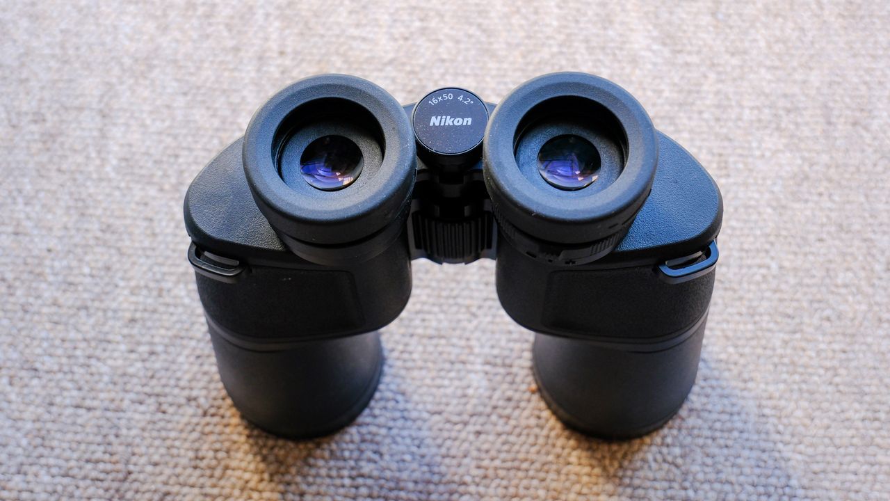 The Nikon Action 16x50 binoculars stood up on a brown carpet.