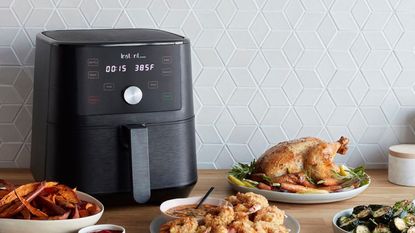 One of the best air fryers, an Instant Vortex on a countertop with fried food and chicken around it