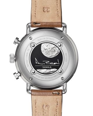 Shinola’s Moon Bean wristwatch honors the memory of Apollo 12 moonwalker Alan Bean by incorporating his artwork into the design engraved on its caseback.