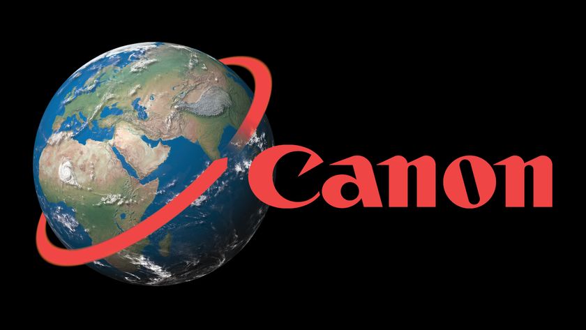 Image of the Earth, with a red arrow around the circumference, next to the Canon logo