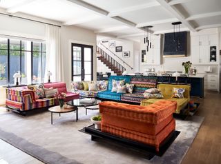 living room with colorful couch