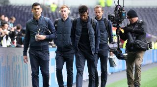 Dejan Kulusevski with Tottenham team-mates Cristian Romero, Emerson Royal and Harry Kane ahead of the Premier League game against Tottenham on January 1, 2023.