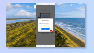 Screenshot of the Windows desktop with the iMyFone MirrorTo app open and a red arrow pointing at OK under Choose a device. 