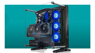 Thermaltake gaming PC on a blue background.