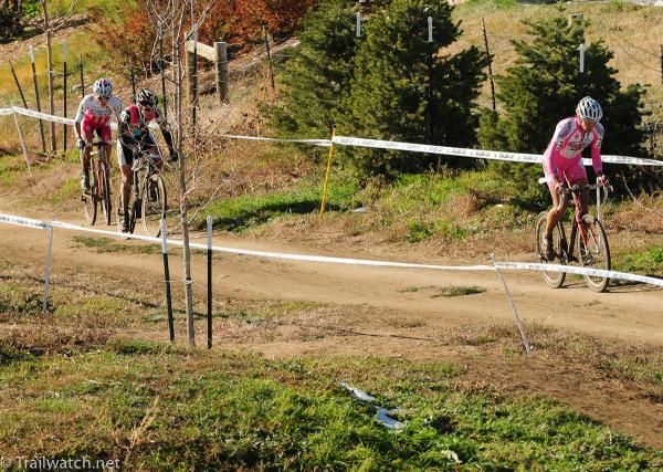 With less than a lap to go Meredith Miller tries to hold off Krasniak and Butler