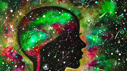 Watercolor painting cosmic woman. Galaxy. Stars