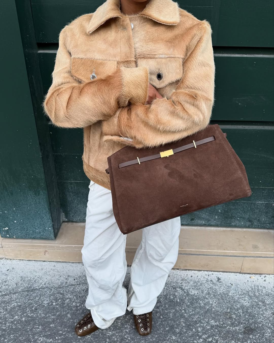 Sneakerina lace-up trainers with a suede bag and fur jacket