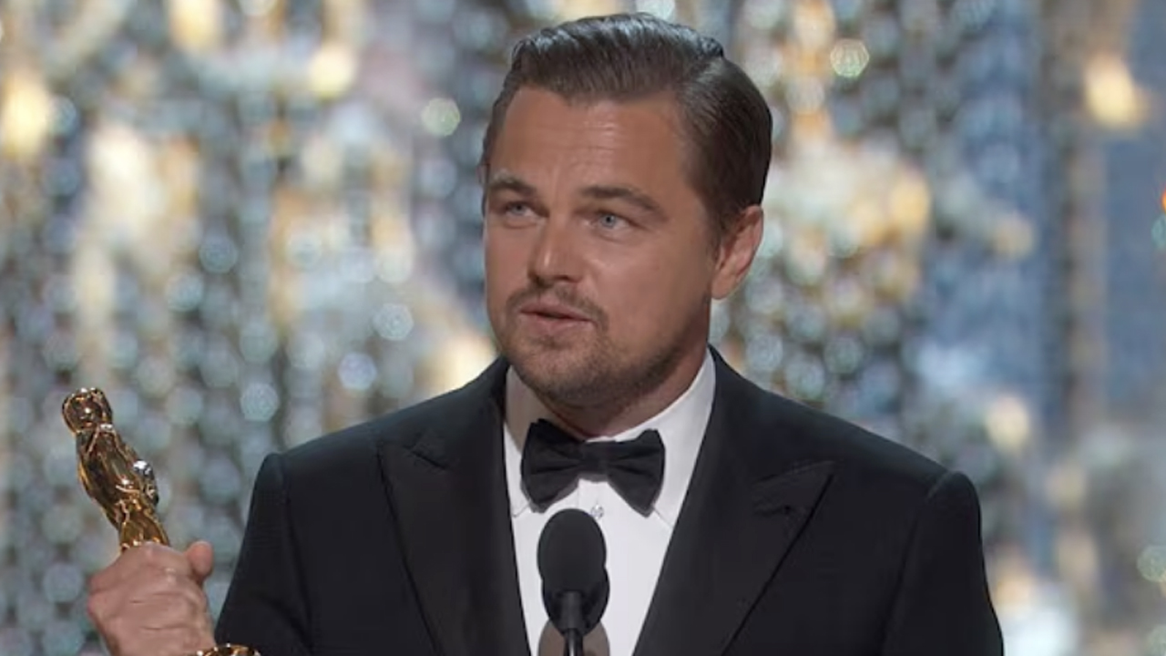 Leonardo DiCaprio giving his 2016 Oscar acceptance speech for The Revenant.